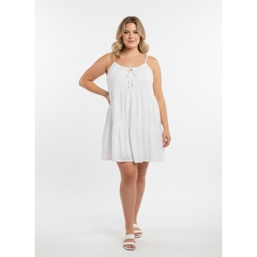 Cottage White Dot‎ Tiered Sleeveless Short Sundress Round Neck Tie Women’s Dress